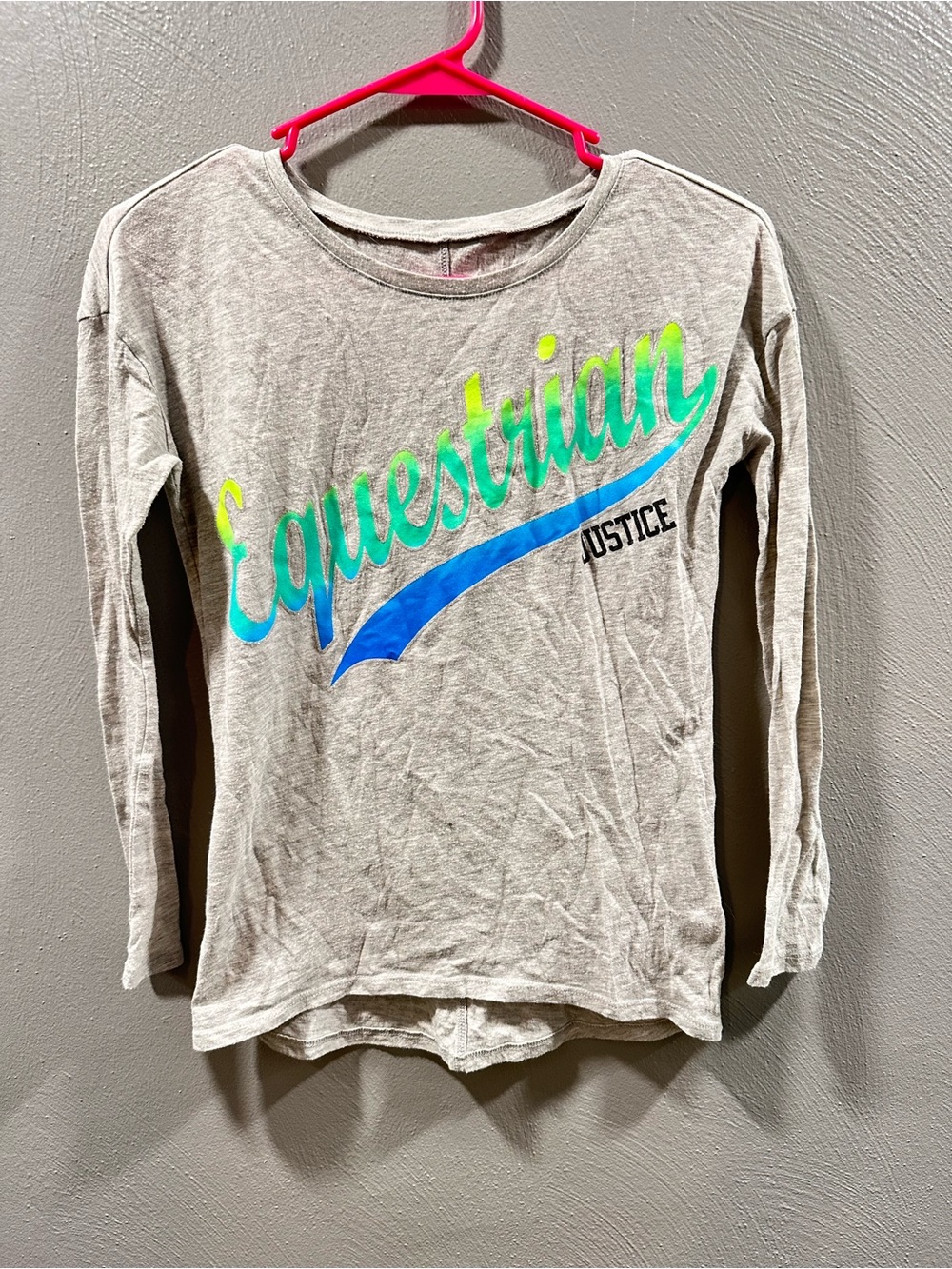 Justice Tan Long-Sleeve Tee with Blue & Lime Script
